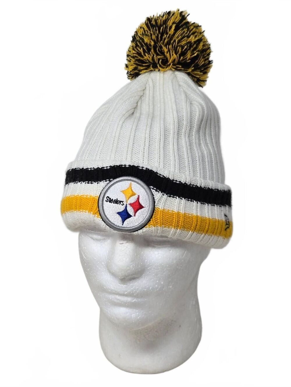 New Era Pittsburgh Steelers White Cheer Cuffed Knit Beanie Hat Pom NFL Winter OS